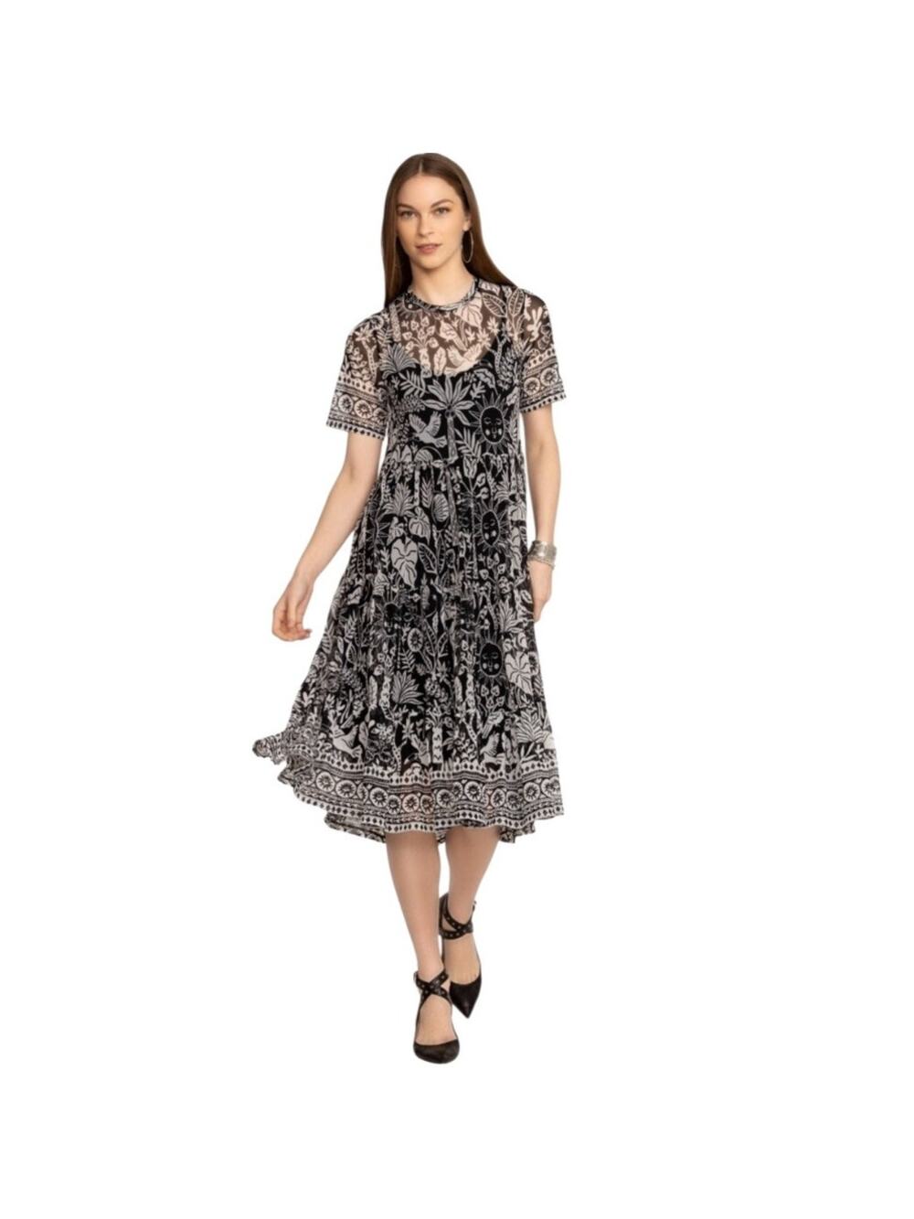 Johnny Was Jade Luciana Black Ivory Jungle Safari Tiered Midi Dress Sz Med‎ Boho